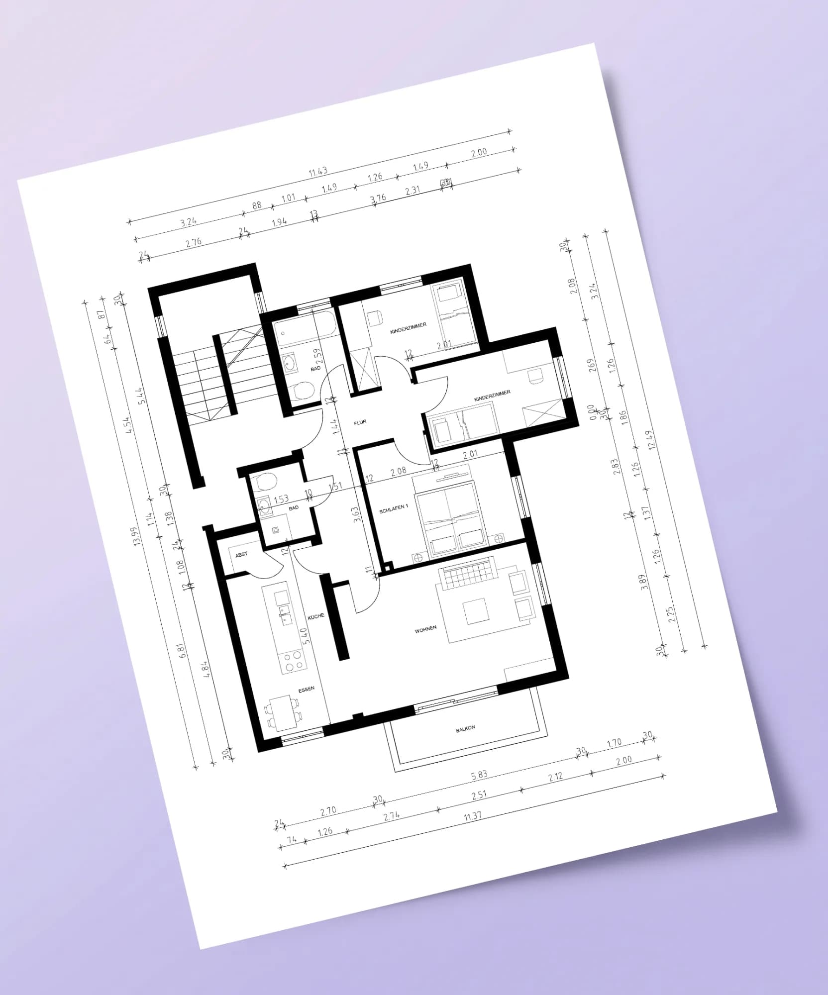 Bemaßter Grundriss-Plan im Hochformat, leicht angewinkelt auf violettem Verlaufshintergrund
