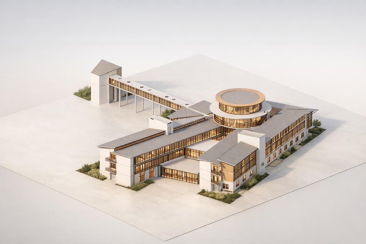 3D-Rendering eines großen Gebäudekomplexes