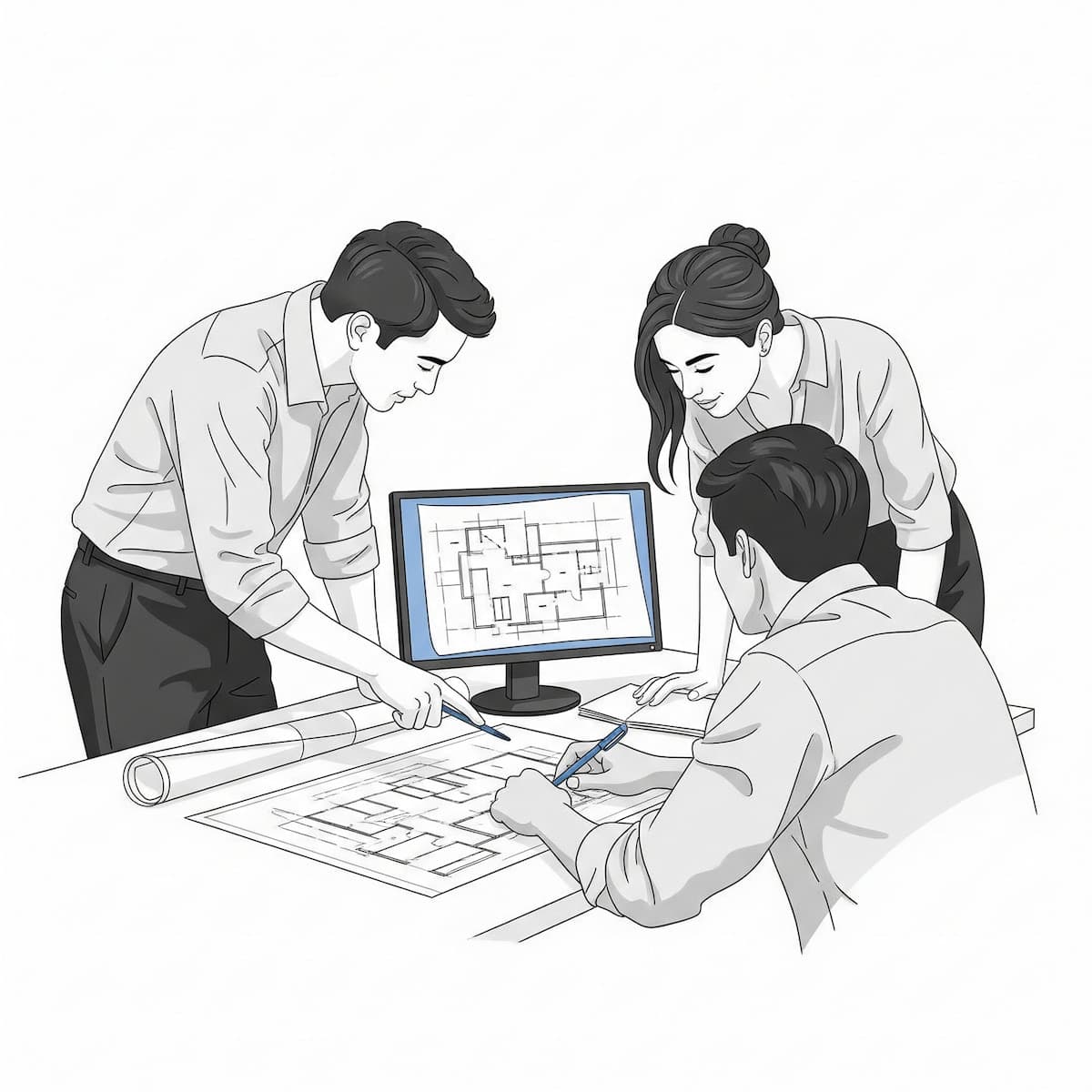 Illustration: Personen am Monitor mit Bauplan