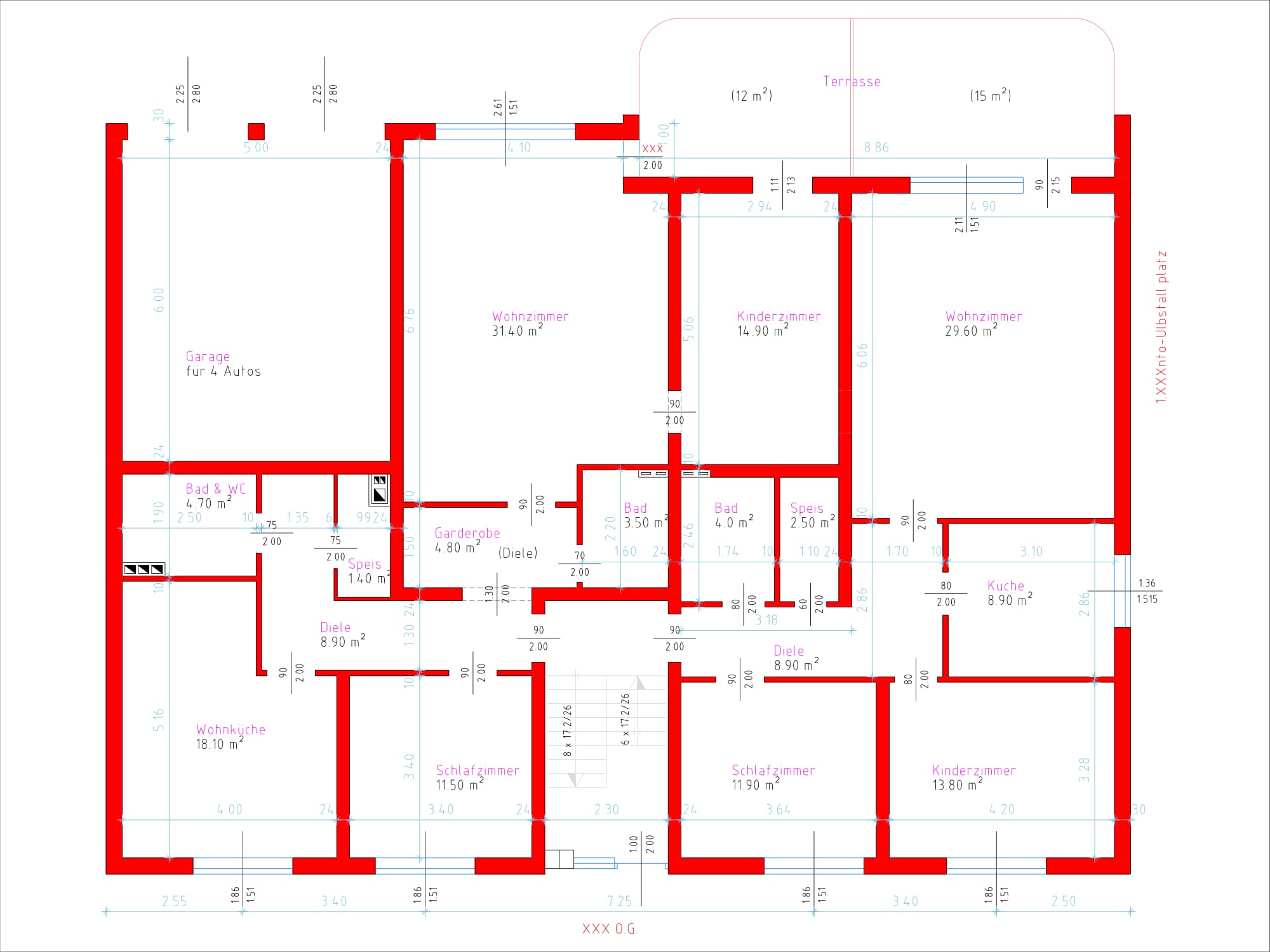 CAD-Grundriss Referenzprojekt PRW3: Wohnräume, Kinderzimmer, Bäder und Garage mit Flächenangaben