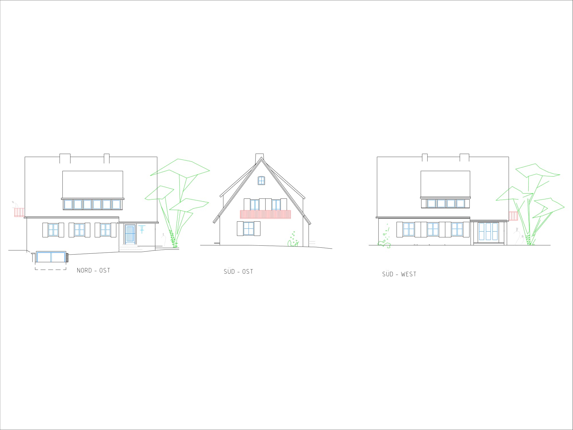 CAD-Fassadenansichten Referenzprojekt HW8: Nord-Ost, Süd-Ost und Süd-West