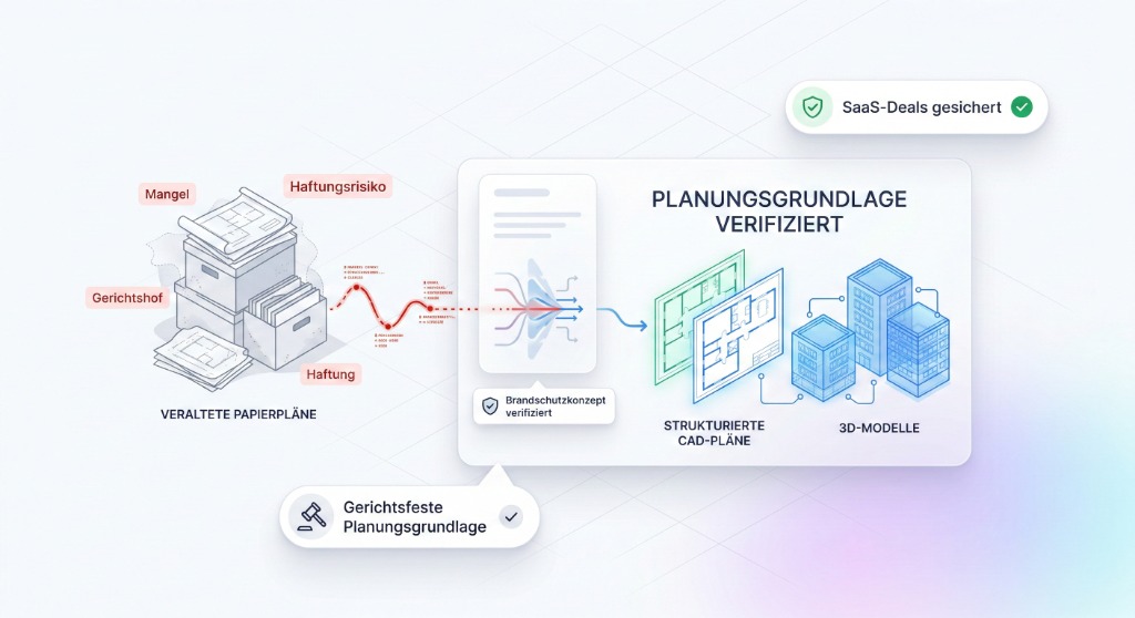 Risiko fehlender CAFM Datenaufbereitung: Transformation von fehlerhaften Papierplänen in ein sicheres digitales Dashboard.